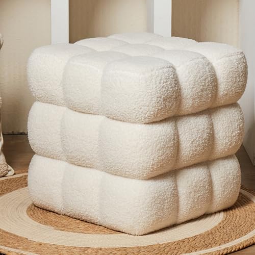 White Sherpa Square Ottoman - 17.3" Large Boucle Cube Pouf with Sturdy Wood Frame, 330lbs Capacity Modern Fuzzy Vanity Stool & Footrest for Living Room, Bedroom - Fully Assembled