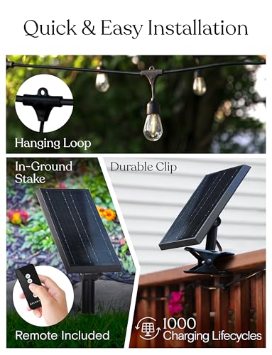 Ambience Pro – Solar Power Remote Control Outdoor String Lights with Edison Bulbs – Shatterproof, Commercial Grade LED Waterproof Patio Lights – 1W, 3,000K, Hanging, 27 ft