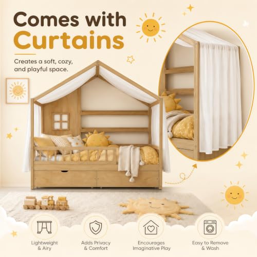 Twin House Bed for Kids with 2 Drawers & Canopy, Montessori Floor Bed with Rails, view 6