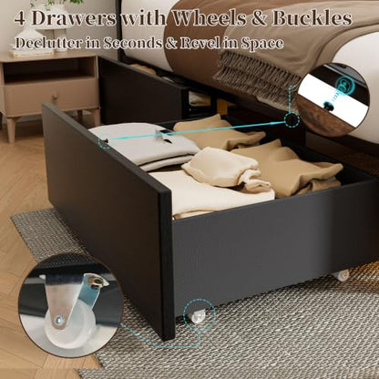 King Bed Frame with 4 Storage Drawers, Charging Station and LED Lights, view 7