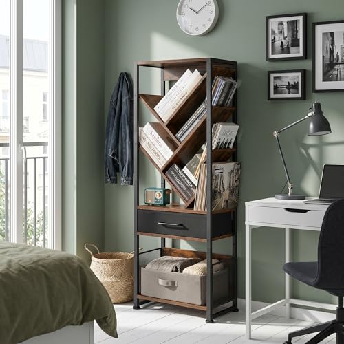 Bookshelf with Drawer,8 Tier Tree Bookcase Retro Floor Standing Bookshelves,Tall Wood Bookcases with Cabinet Storage Organizer for Living Room, Bedroom & Home Office, Classic