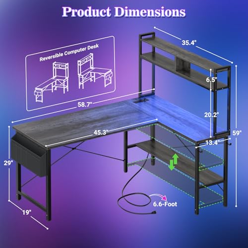 59" L Shaped Desk Gaming Desk with LED Light & Power Outlet, view 3