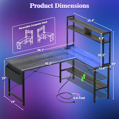 59" L Shaped Desk Gaming Desk with LED Light & Power Outlet, view 3