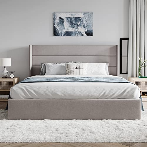 Queen Size Lift Up Hydraulic Storage Bed Frame Light Beige, view 4