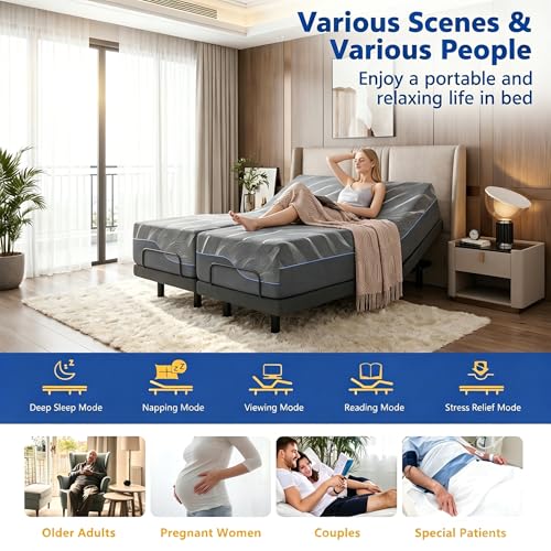 Adjustable bed frame with grey memory foam mattress, inclines, lights, anti-snore, view 6