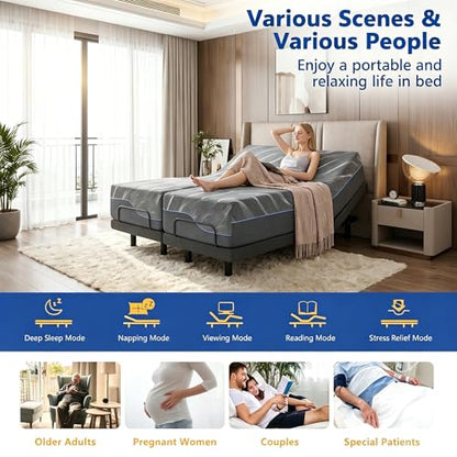 Adjustable bed frame with grey memory foam mattress, inclines, lights, anti-snore, view 6