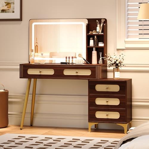 JIVOIT 47" Vintage Makeup Vanity with Mirror, Modern Makeup Vanity Desk with 5 Drawers and Storage Shelf, Rattan Drawer Design, Rounded Corner Design, Dressing Table for Home
