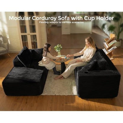 106" L Shaped Cloud Sectional Couch with Chaise, Corduroy Boneless Couch with Wide Armrests and Cup Holders for Living Room Bedroom, No Assembly Required (Black)