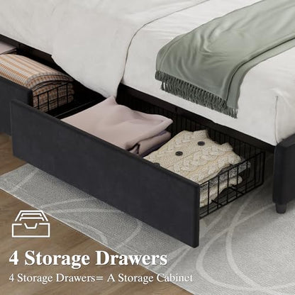 Queen Size Bed Frame with 4 Storage Drawers, Adjustable Height Headboard, view 6