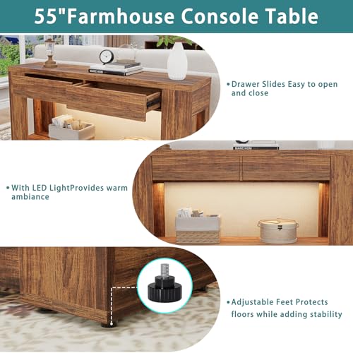 Farmhouse Entryway Table with Storage Drawers and LED Lighting, 55 Inch Long Narrow Console Sofa Table for Hallway Table Entrance Living Room, Rustic Brown