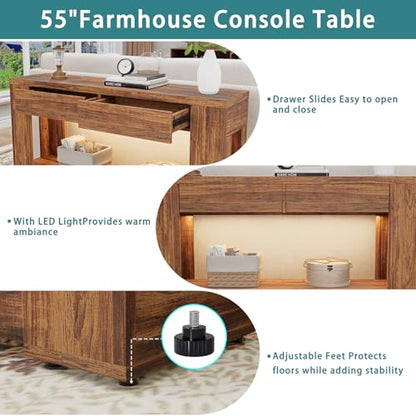 Farmhouse Entryway Table with Storage Drawers and LED Lighting, 55 Inch Long Narrow Console Sofa Table for Hallway Table Entrance Living Room, Rustic Brown