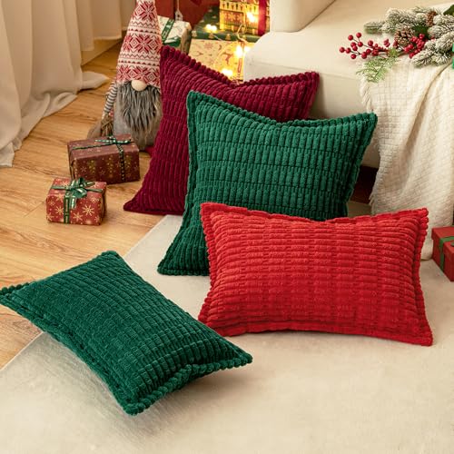Christmas Green Corduroy Decorative Throw Pillow Covers Pack of 2 Soft Striped Pillows Pillowcases with Broad Edge Winter Modern Boho Home Decor for Couch Sofa Bed Spring 20x20 Inch