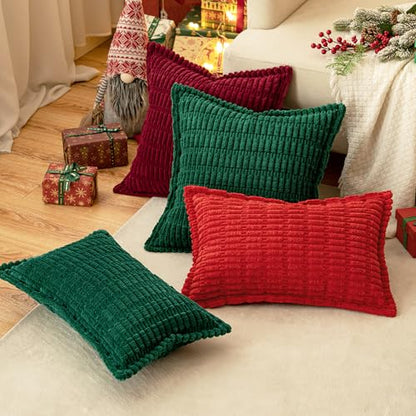 Christmas Green Corduroy Decorative Throw Pillow Covers Pack of 2 Soft Striped Pillows Pillowcases with Broad Edge Winter Modern Boho Home Decor for Couch Sofa Bed Spring 20x20 Inch
