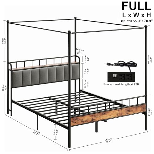 Canopy Bed Frame Full, Storage Headboard with Charging Station, view 3