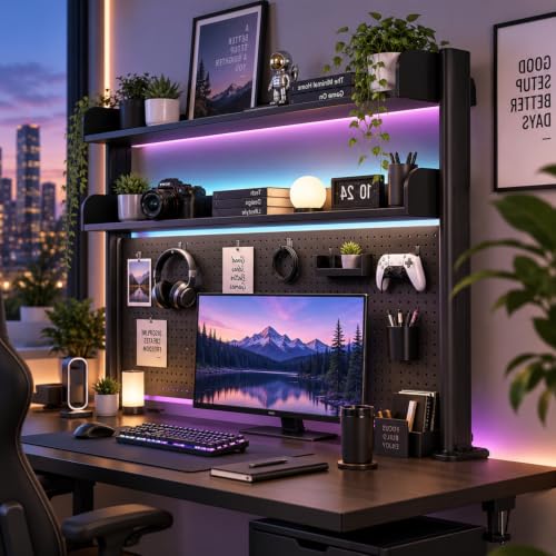Clamp On Desk Pegboard Shelf - Metal Desktop Organizer Hutch with 2 Shelves, view 6