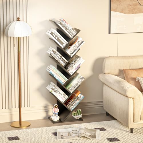 10 Tier Tree Book Shelf, Floor Standing Wood Bookshelf for Narrow Space, view 6