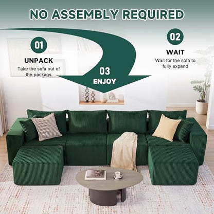 Cloud Couch Sectional, Modular Sofa with Deep Seat, Plush Corduroy U Shaped Boneless Couch, Convertible Sectional Couches for Living Room (Green, 4 Seater & 2 Ottomans)