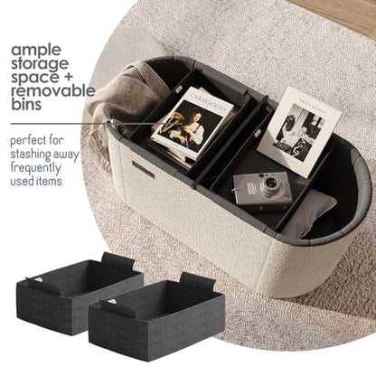 Storage Ottoman Bench, 30 Inch Storage Bench for Bedroom End of Bed, Foldable Large Ottoman Foot Rest, Entryway Benches, Boucle Oval Organizer Chest Max 660lbs, Beige