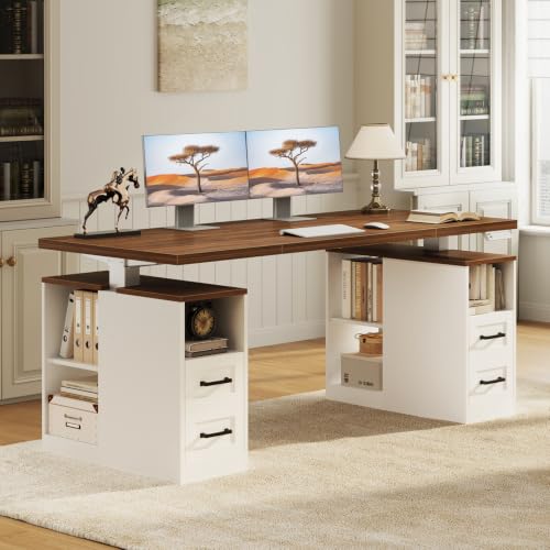 55 Inch Farmhouse Standing Desk with Storage Drawers, Walnut White, view 4