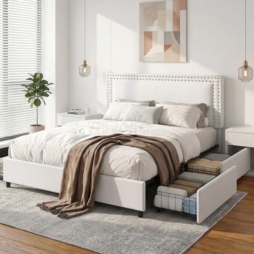 Queen Size Upholstered Bed Frame with 4 Storage Drawers, view 6