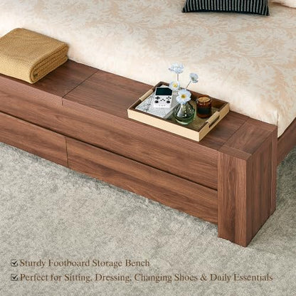 King Bed Frame with Headboard and Footboard Storage Bench,Light Walnut, view 7