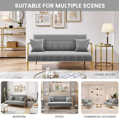 Yaheetech 56.5" W Modern Sofa Small Sofa Luxurious Velvet Fabric Couch with Gold-Tone Metal Arms and Legs for Living Room, Home Office, Studio Light Gray