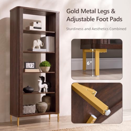 74" Tall Fluted Bookshelf, 5 Tiers Modern Curved Bookcase, Brown, view 5