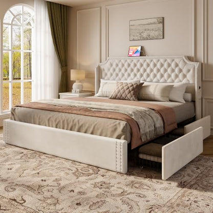 Upholstered Queen Bed Frame with Headboard, Beige Bedframe with Storage, view 2