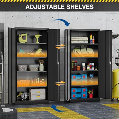 Metal Storage Cabinet-71” Tall Steel File Cabinets with Lockable Doors and Adjustable Shelves-Black Steel Storage Cabinet for Home,Kitchen, School, Office, Garage