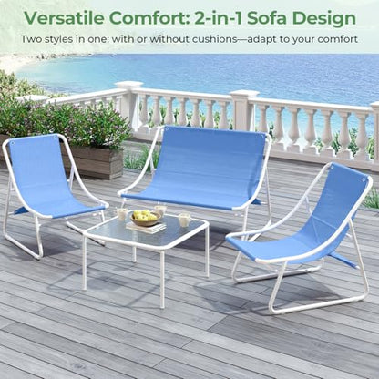 Patio Furniture Set, 4-Piece Outdoor Patio Conversation Set, 2-in-1 Metal Patio Sofa Sets with Cushions & Glass Coffee Tablefor Backyard, Garden, Porch, Poolside, White & Blue