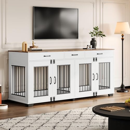 71-Inch Wooden Double Dog Crate with 3 Drawers, Brown & White, view 6