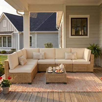 7-Piece Patio Furniture Set, All-Weather PE Rattan Outdoor Sectional Sofa, Modular Wicker Conversation Set with Thick Cushions & Easy-Clean Coffee Table（Yellow/White）