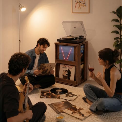 Swivel Record Player Stand with Storage Cabinet & Cover Holder, view 3