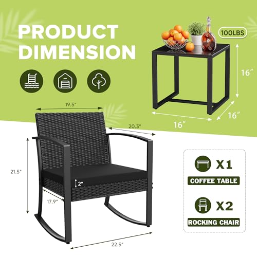 Patio Furniture Set 3 Piece Resin Outdoor Bistro Set Rocking Patio Chairs with Cushions and Table for Porch, Poolside, Balcony and Yard (Black)