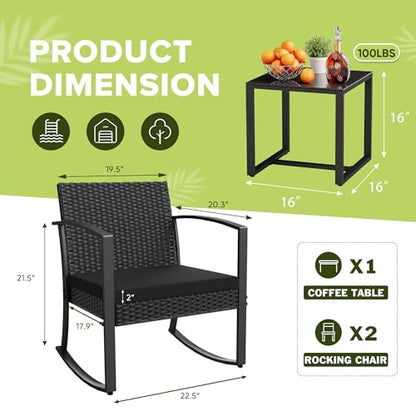 Patio Furniture Set 3 Piece Resin Outdoor Bistro Set Rocking Patio Chairs with Cushions and Table for Porch, Poolside, Balcony and Yard (Black)