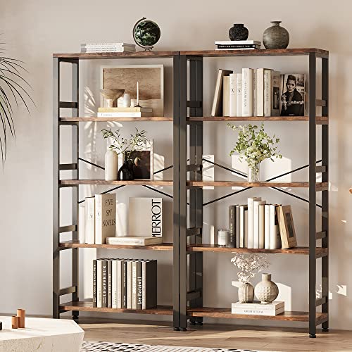 Bookshelves and Bookcases, 31.5in Wide Shelf 5-Tier Ladder Shelf 110lbs/shelf Vintage Industrial Style Bookcase for Bedroom Living Room Home, Vintage Brown