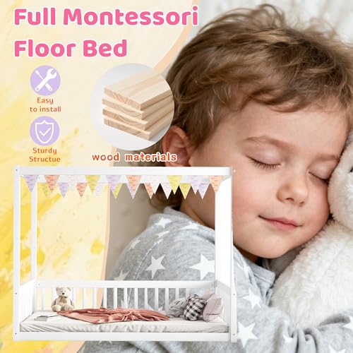 Full Size Canopy Bed Frame with 4 Posters and Guardrails for Kids, view 7