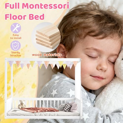Full Size Canopy Bed Frame with 4 Posters and Guardrails for Kids, view 7