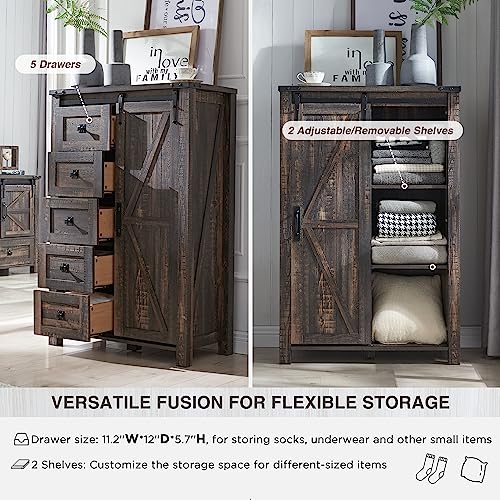5 Drawers Dresser for Bedroom w/Sliding Barn Door, Farmhouse Modern Tall Dresser 5 Chest of Drawers, Storage Organizer for Bedroom, Hallway, Living Room, Kids Room, Dark Rustic Oak