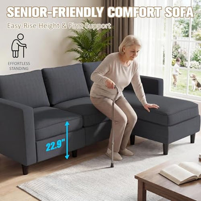3-Seat Reversible Sectional Sofa with Convertible Ottoman, Modern Ribbed Fabric L-Shaped Couch for Living Room, Small Apartment & Office, Easy Tool-Free Assembly, Grey