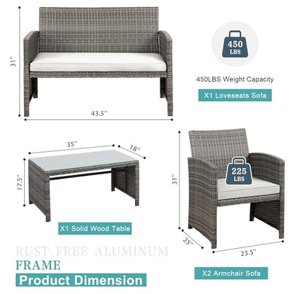 Patio Furniture Set 4 Piece Outdoor Furniture Set, PE Rattan Wicker Patio Conversation Set with Cushions & Glass Coffee Table, Backyard Patio Seating for Balcony Porch Garden Poolside, White