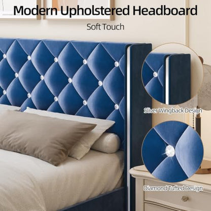 Queen Bed Frame with Velvet Headboard, Silverside Wingback, Blue, view 4