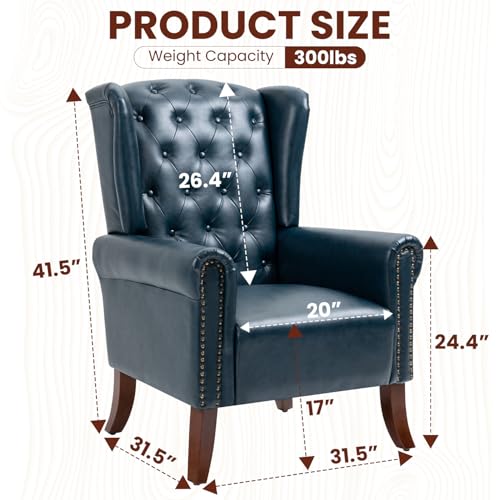 Faux Leather Accent Chair, Mid-Century Armchair Upholstered Club Sofa Chair with Wooden Legs, High Back Living Room Chair for Bedroom, Office, Lounge (Blue)