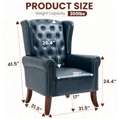 Faux Leather Accent Chair, Mid-Century Armchair Upholstered Club Sofa Chair with Wooden Legs, High Back Living Room Chair for Bedroom, Office, Lounge (Blue)