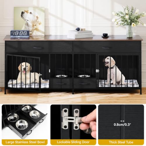 74.8" Dog Crate Furniture with Dog Feeder for 2 Small Medium Dog, view 8