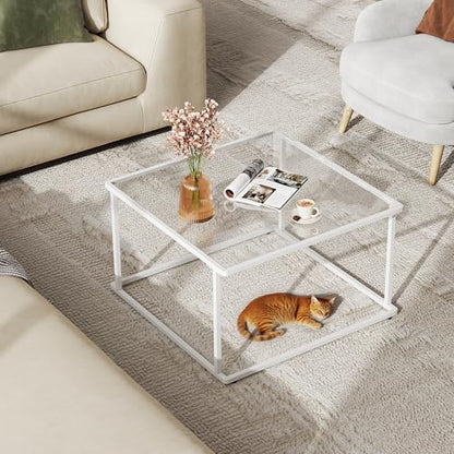 Coffee Table, Glass Coffee Table for Living Room, Modern Small Coffee Table with Tempered Glass & Metal Frame, Square Center Table for Small Spaces Apartment, Office, 26.4 x 26.4in, White