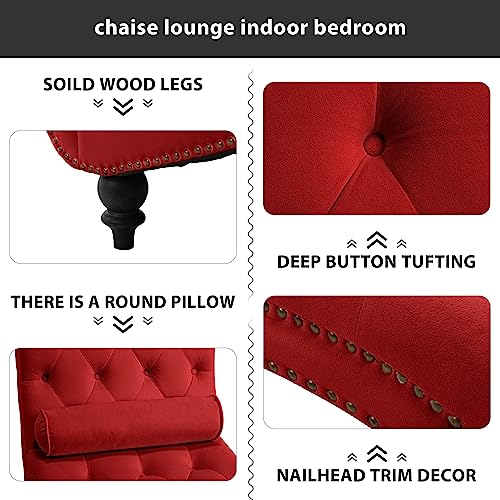 Button-Tufted Velvet Chaise Lounge Chair with Wood Legs & Toss Pillow, view 5