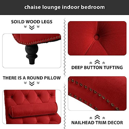 Button-Tufted Velvet Chaise Lounge Chair with Wood Legs & Toss Pillow, view 5