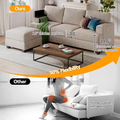 85'' L Shaped Couch with Armrest Organizer,3 Seats Sofas with Movable Ottoman,Comfy Sectional Sofa with Thick Cushion,Chenille Sectional Couches for Living Room,Bedroom,Apartment,Home Furniture,Khaki