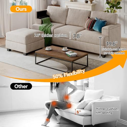 85'' L Shaped Couch with Armrest Organizer,3 Seats Sofas with Movable Ottoman,Comfy Sectional Sofa with Thick Cushion,Chenille Sectional Couches for Living Room,Bedroom,Apartment,Home Furniture,Khaki
